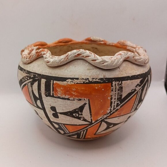 Old Vintage Acoma Pueblo Polychrome Pottery Bowl Olla Pie Crust Rim 3" x 4.5" - Picture 2 of 12